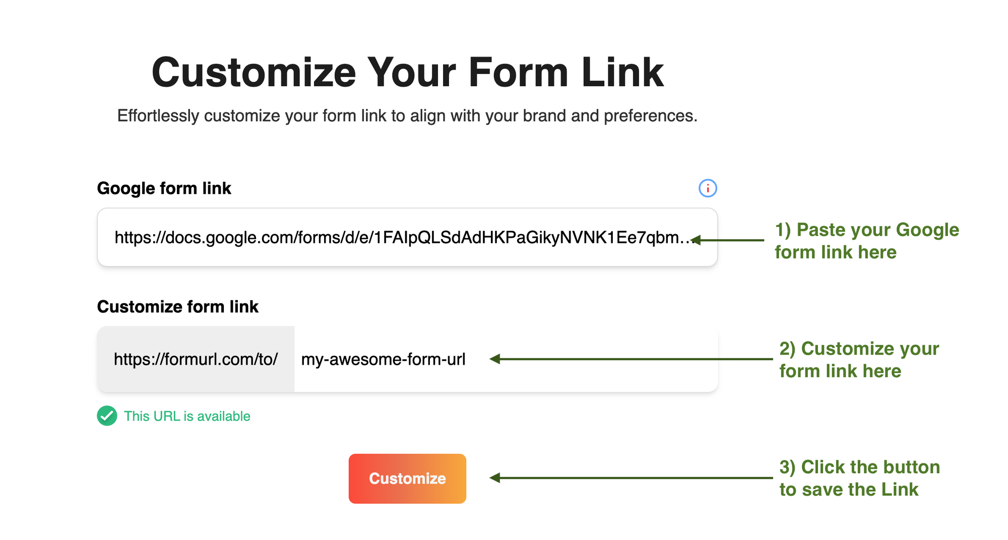 Form for customizing the form link